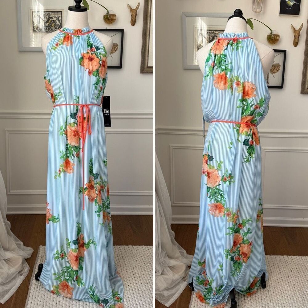 NWT Be by Chetta Floral Stripe Maxi Dress High Neck $90 XL
